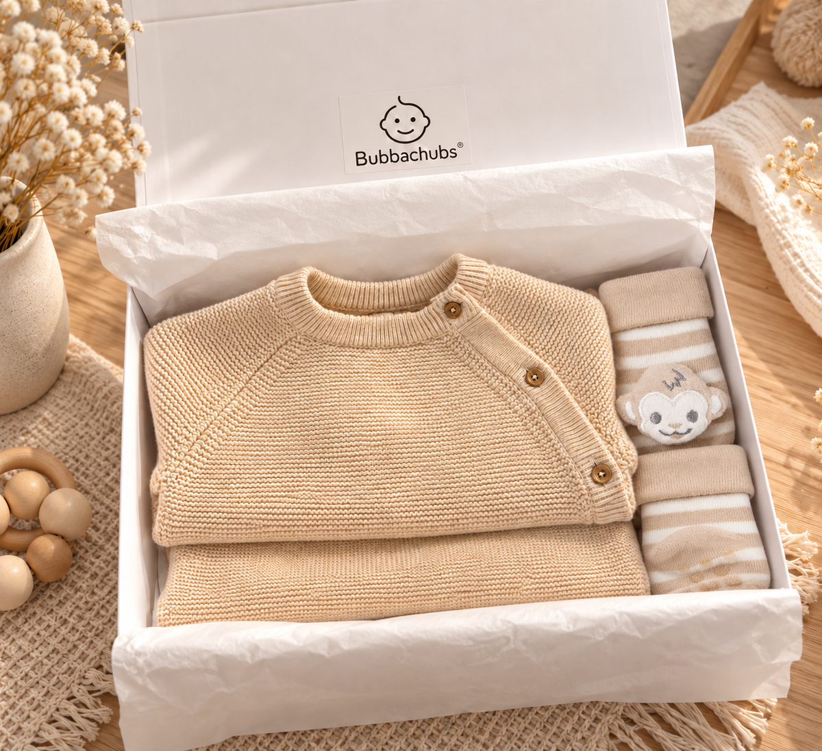 Bubbachubs Baby Beige Knitted Outfit And Sock Gift Set 0-3 Months