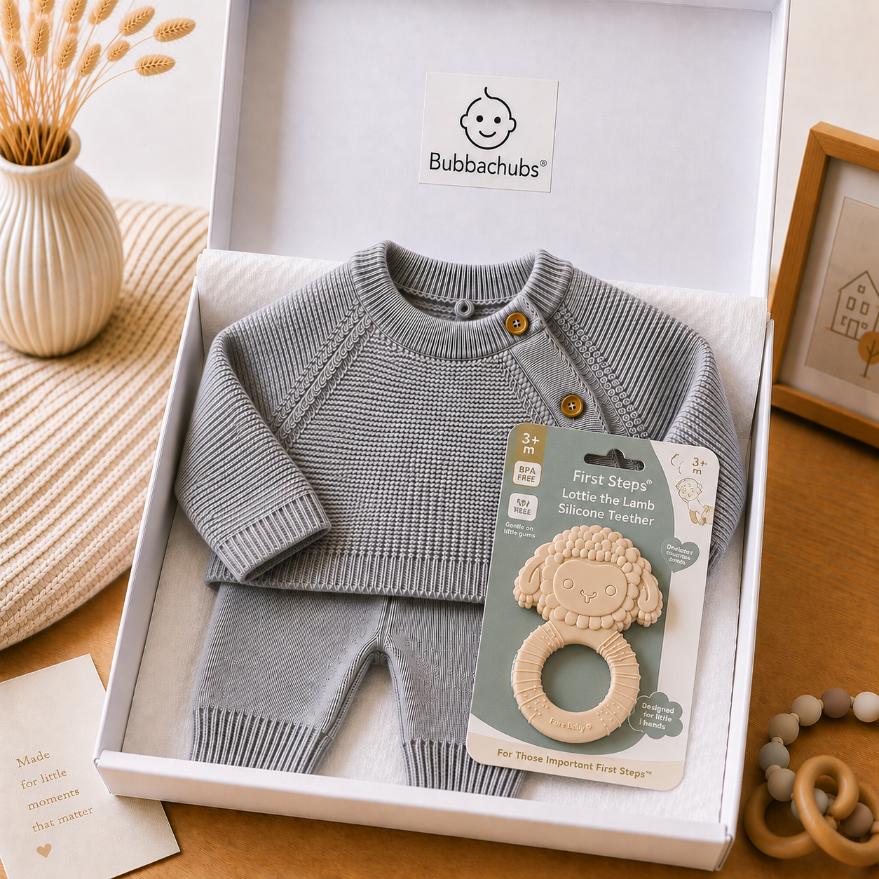 Bubbachubs Baby Grey Knitted Sweater & Leggings Gift Set with Silicone Teether – 3–6 Months