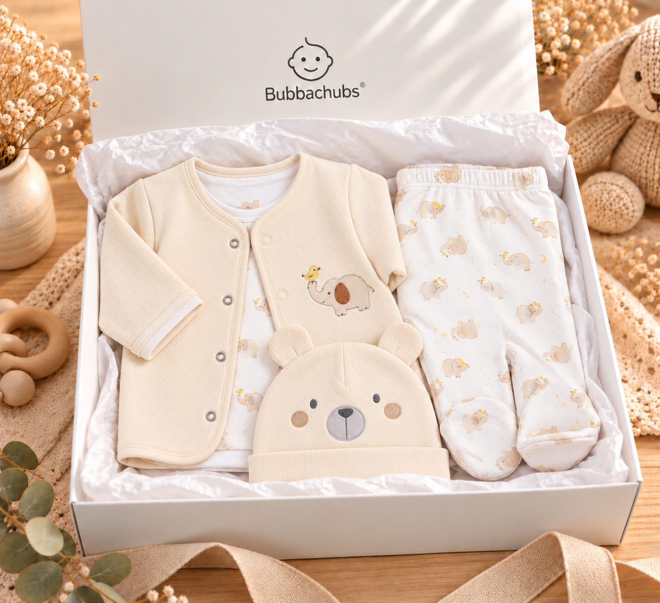 Bubbachubs Baby Elephant Quilted Jacket, Top, Trousers & Hat Gift Set 0-6 Months