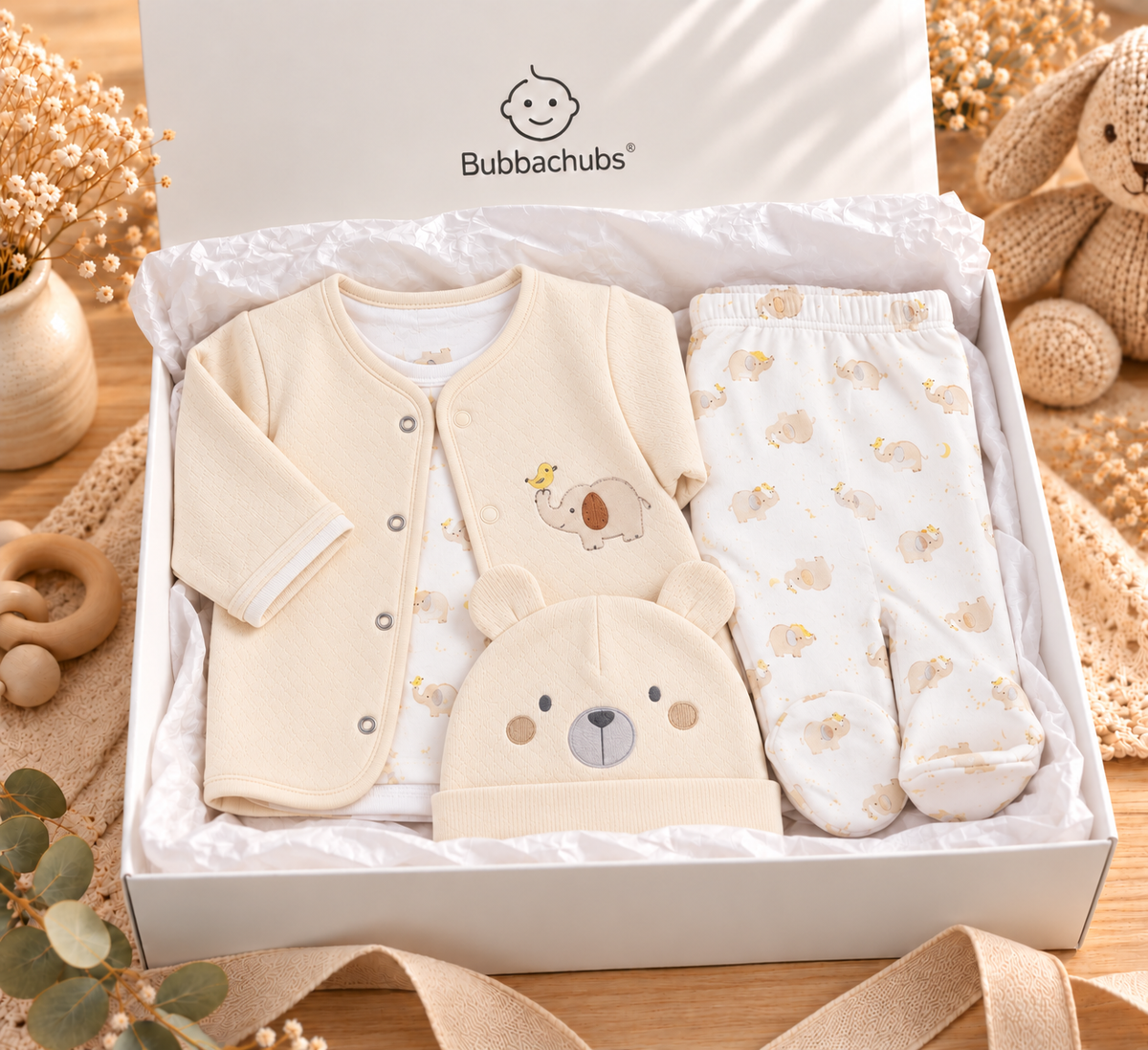 Bubbachubs Baby Elephant Quilted Jacket, Top, Trousers & Hat Gift Set 0-6 Months