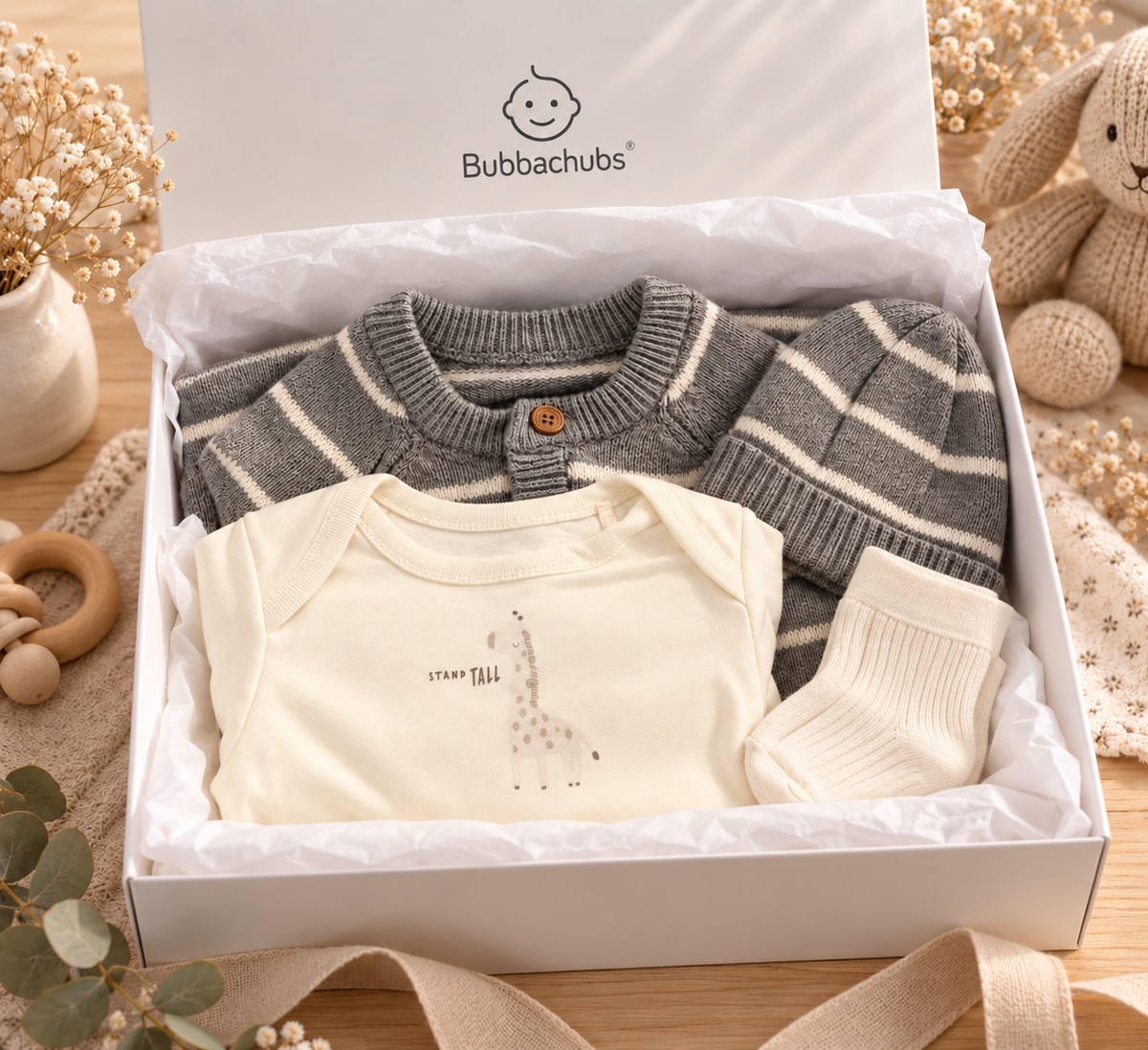 Bubbachubs Newborn Baby All In One Knitted Outfit, Hat Bodysuit And Sock Gift Set