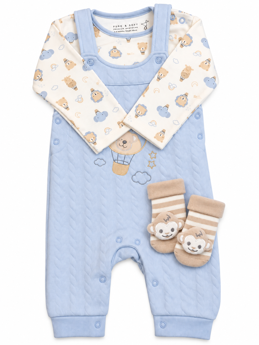 Baby Boys Quilted Dungarees, Top & Monkey Socks Gift Set 6-9 Months