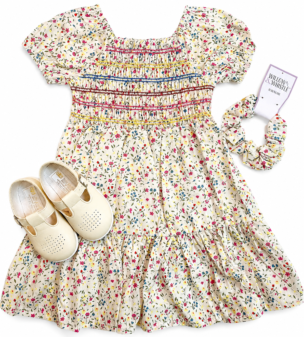 Bubbachubs Girls Smock Dress Gift Set with Matching Scrunchie & Cream Shoes