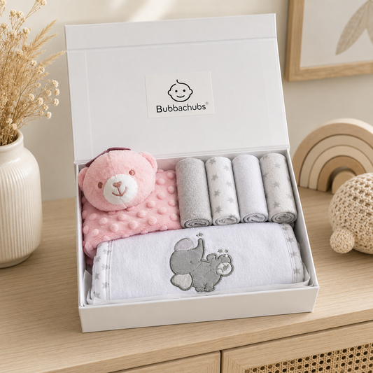 Bubbachubs Baby Girl Hooded Towel Gift Set with Comforter & 4 Wash Cloths