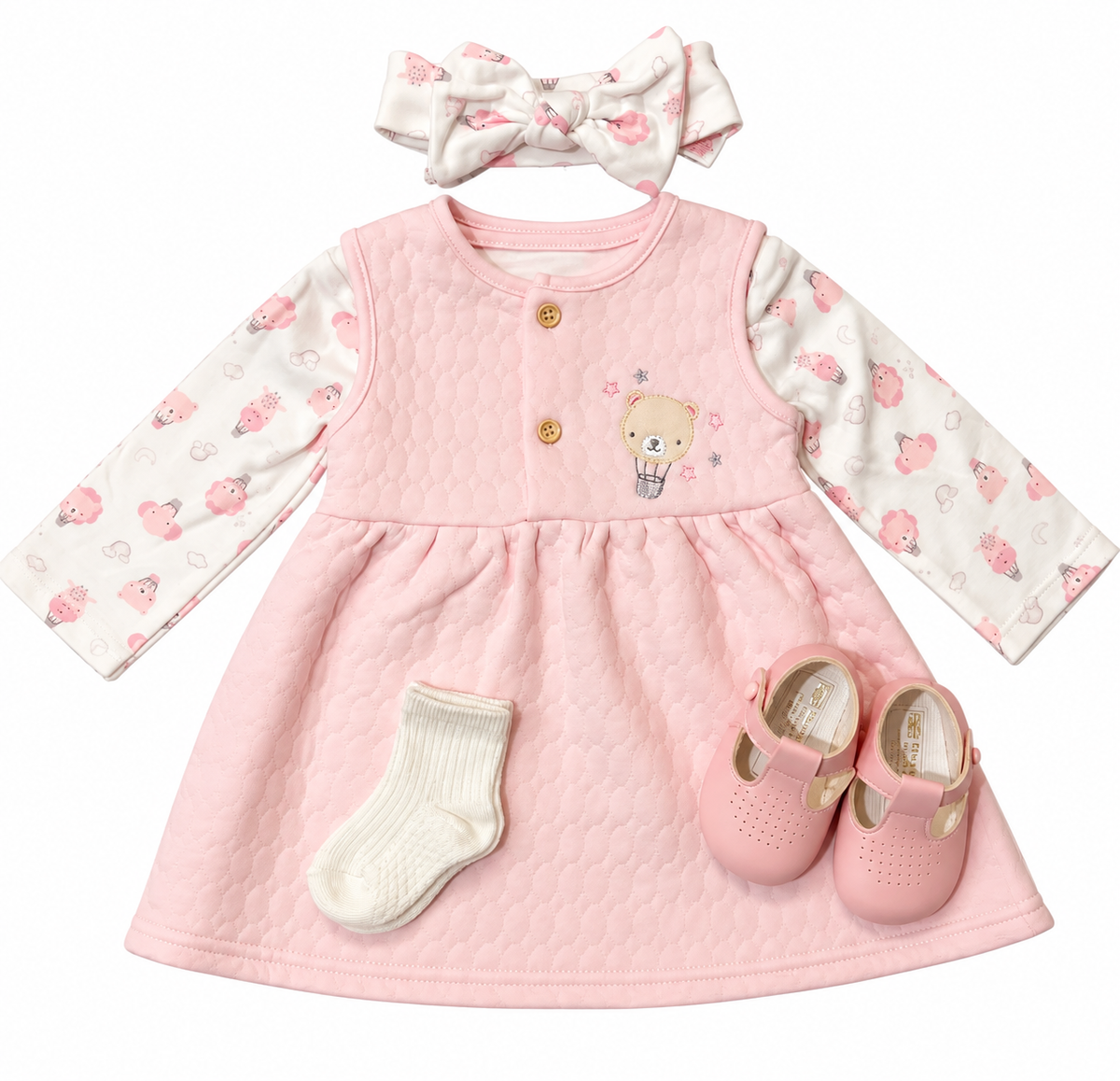 Bubbachubs Baby Girls Quilted Dress Headband, Shoes And Sock Gift Set 3-6 Months