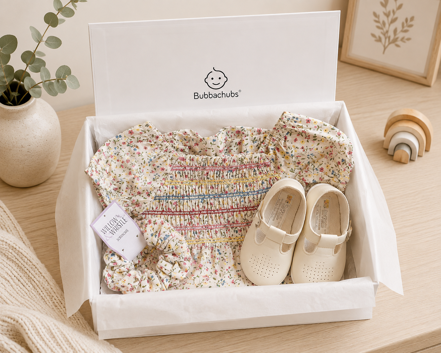 Bubbachubs Girls Smock Dress Gift Set with Matching Scrunchie & Cream Shoes