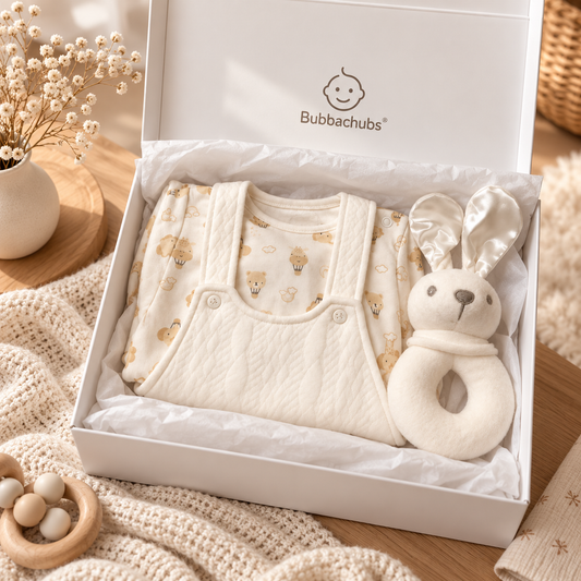 Baby Unisex Dungaree Gift Set with Bunny Rattle 0–9 Months
