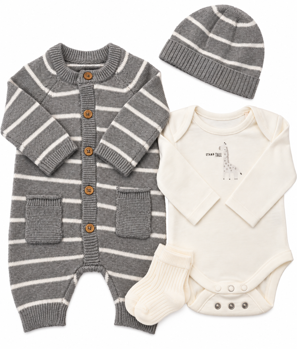 Bubbachubs Newborn Baby All In One Knitted Outfit, Hat Bodysuit And Sock Gift Set