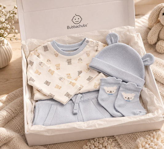 Bubbachubs Baby Boys Waffle Fabric Top, Pants, Hat & Socks Gift Set