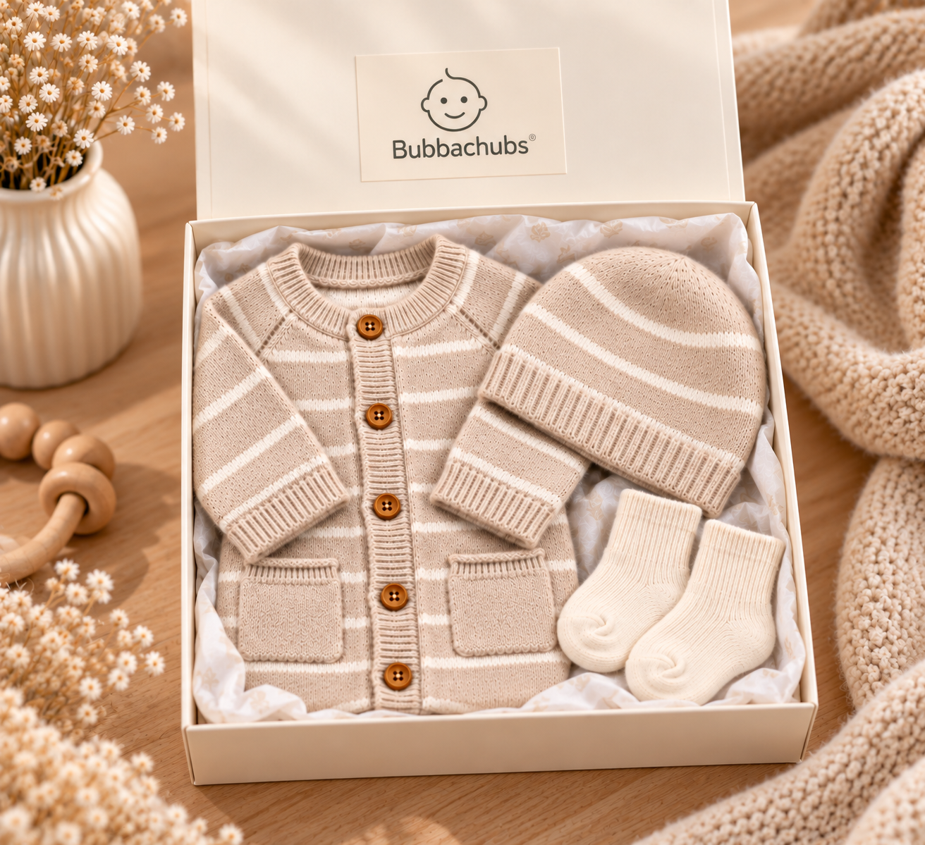 Bubbachubs Baby Knitted All In One, Hat And Socks Gift Set 6-12 Months