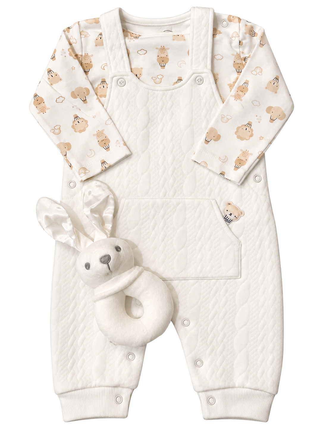 Baby Unisex Dungaree Gift Set with Bunny Rattle 0–9 Months