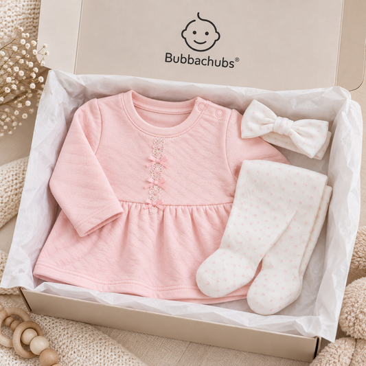 Baby Girls Quilted Dress, Tights & Headband Gift Set 6–9 Months