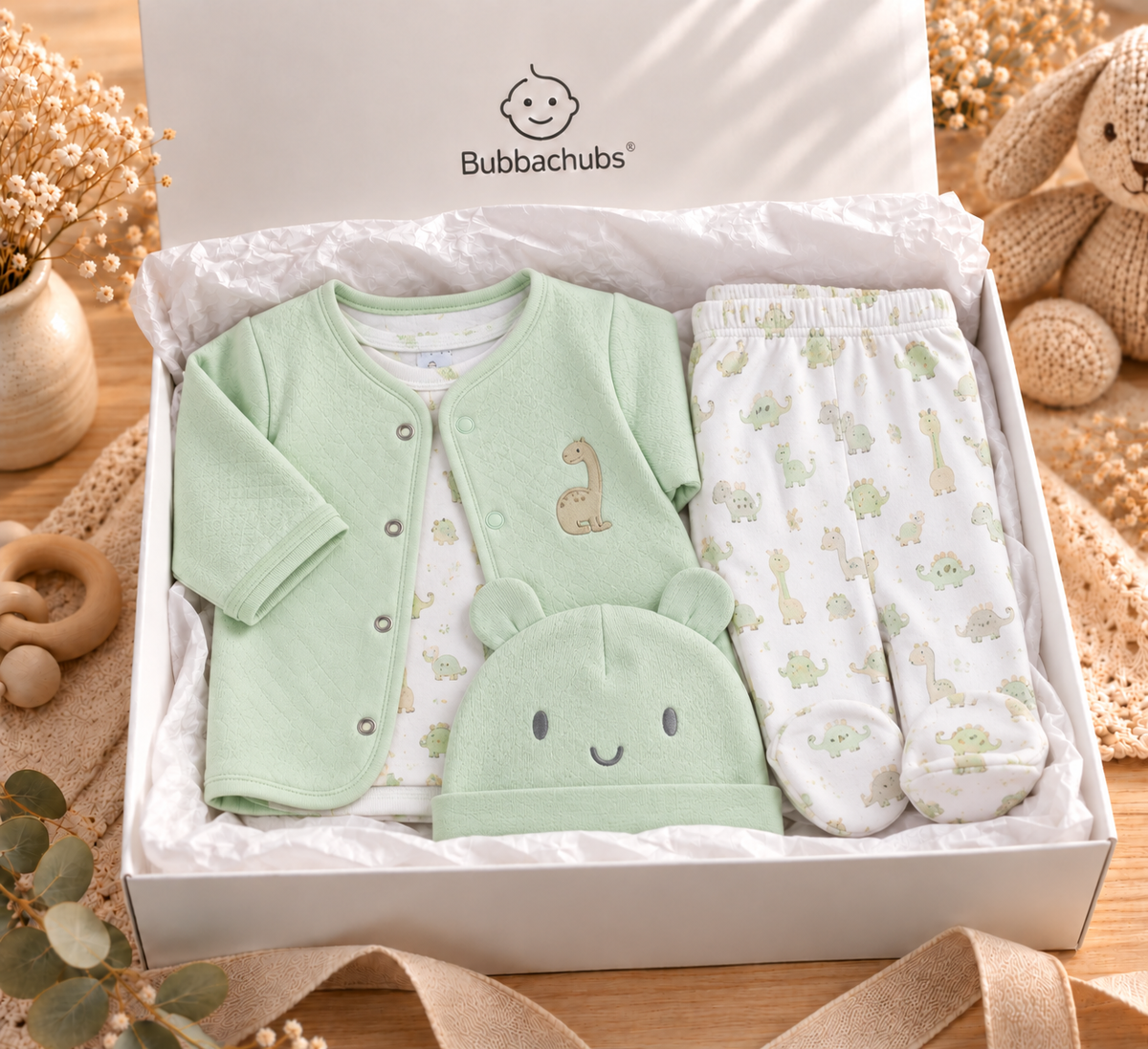 Bubbachubs Baby Mint Dinosaur Quilted Jacket, Top, Trousers & Hat Gift Set 0-6 Months