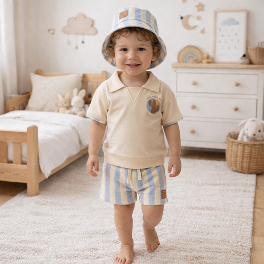 Boys Summer Polo Top, Shorts & Bucket Hat Outfit 2-4 Years