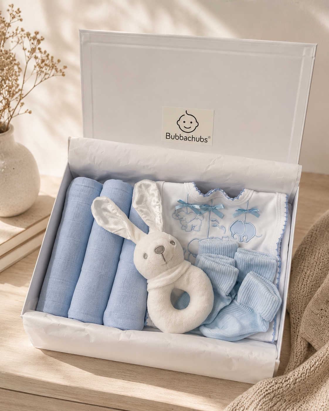 Bubbachubs Baby Boys Newborn Gift Box with Muslins, Bibs, Rattle & Socks