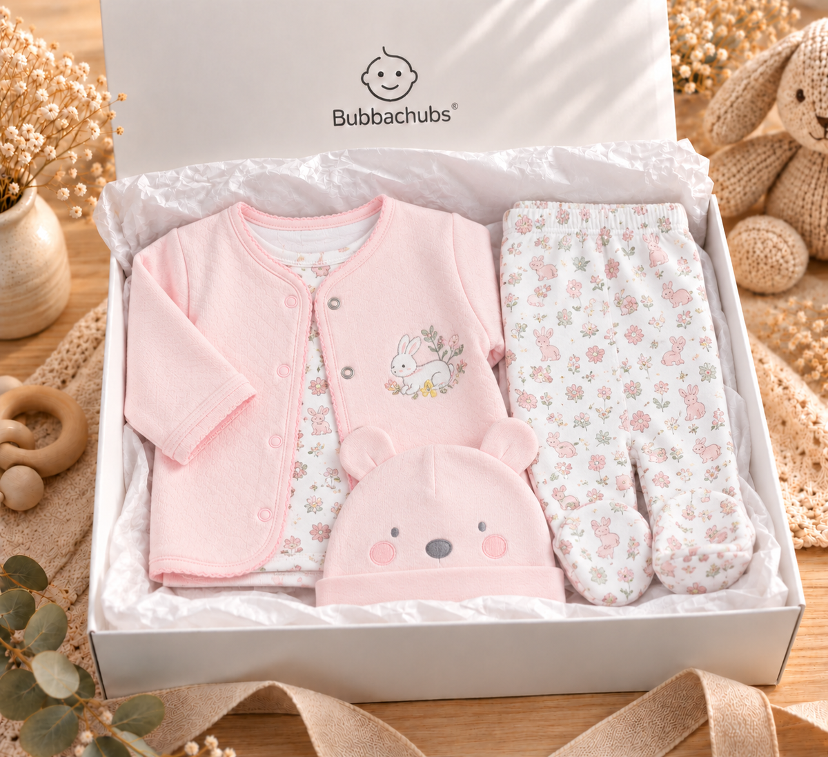 Bubbachubs Baby Pink Floral Bunny Quilted Jacket, Top, Trousers & Hat Gift Set 0-6 Months