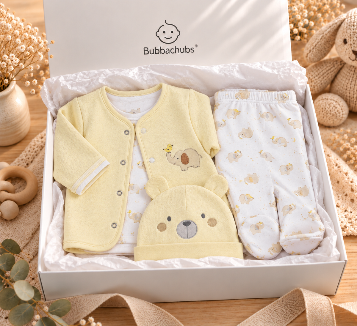 Bubbachubs Baby Elephant Quilted Jacket, Top, Trousers & Hat Gift Set 0-6 Months