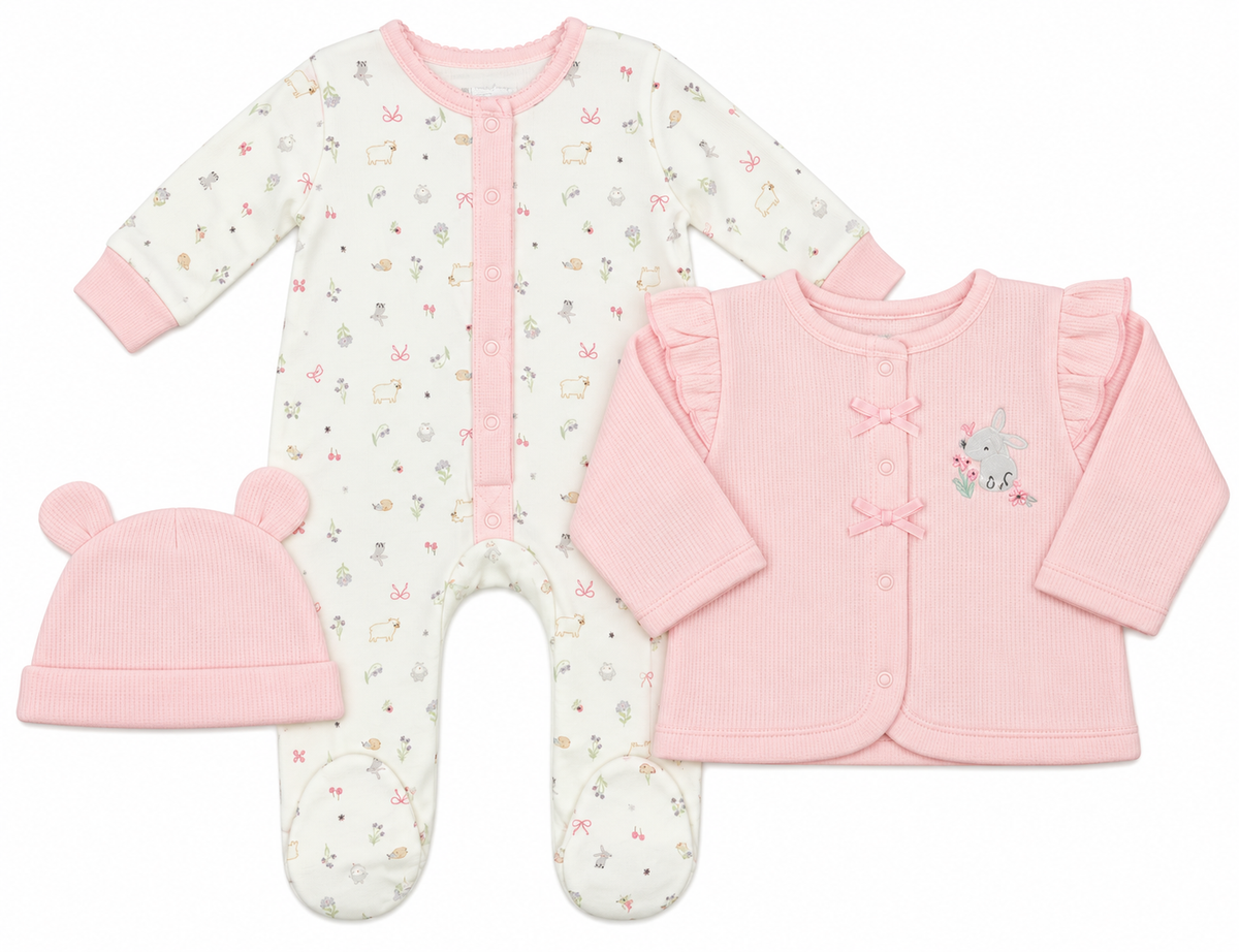 Bubbachubs Baby Girls Waffle Fabric Jacket, All-in-One & Hat Gift Set (0–9 Months)