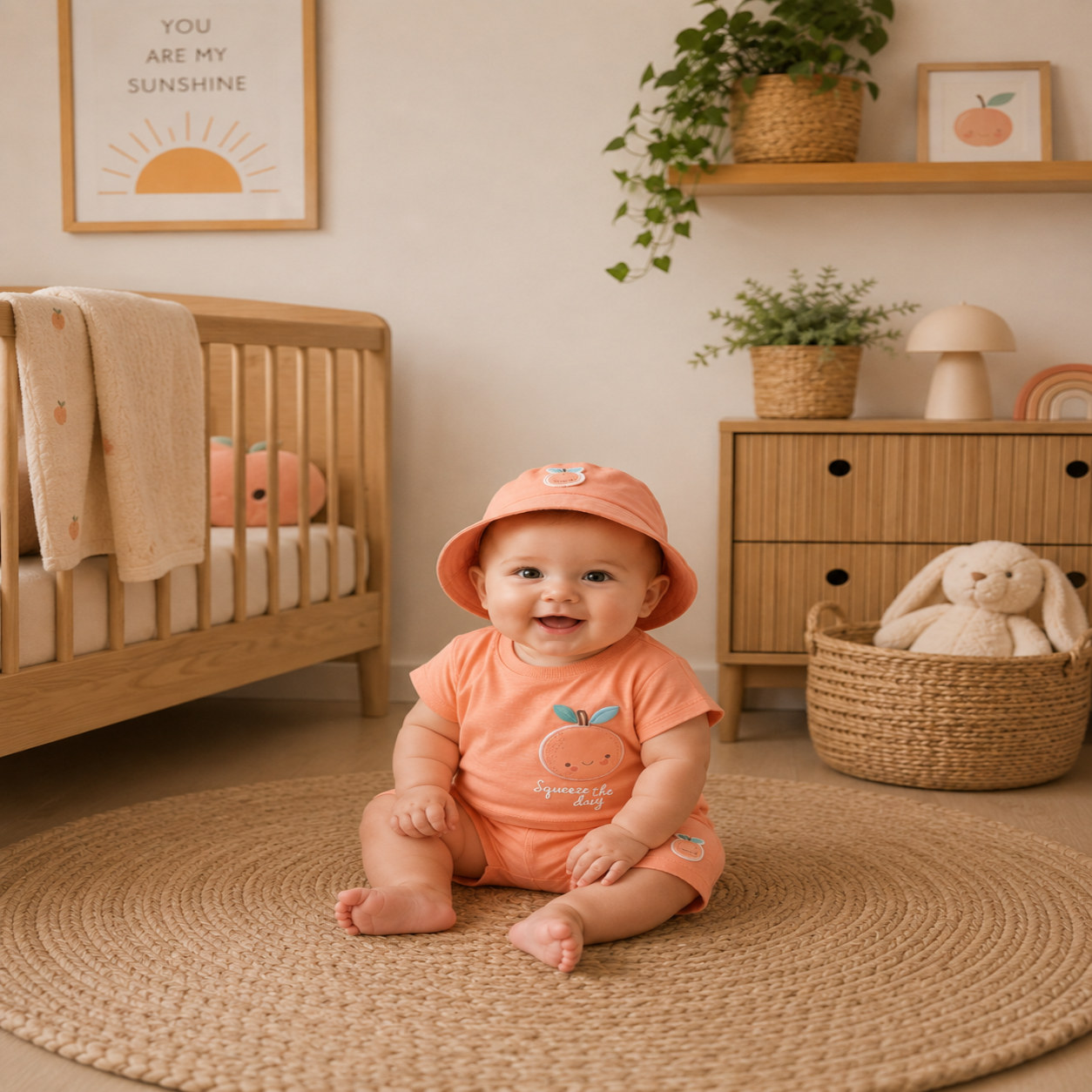 Baby Girl 3D Peach Applique T-Shirt, Shorts & Bucket Hat Outfit 9-24 Months
