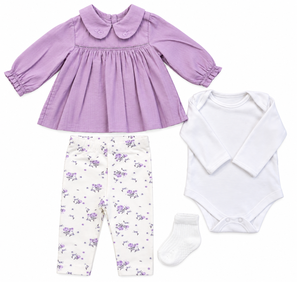 Bubbachubs Baby Girls Lilac Cotton Top, Floral Leggings, Bodysuit And Sock Gift Set 0-3 Months