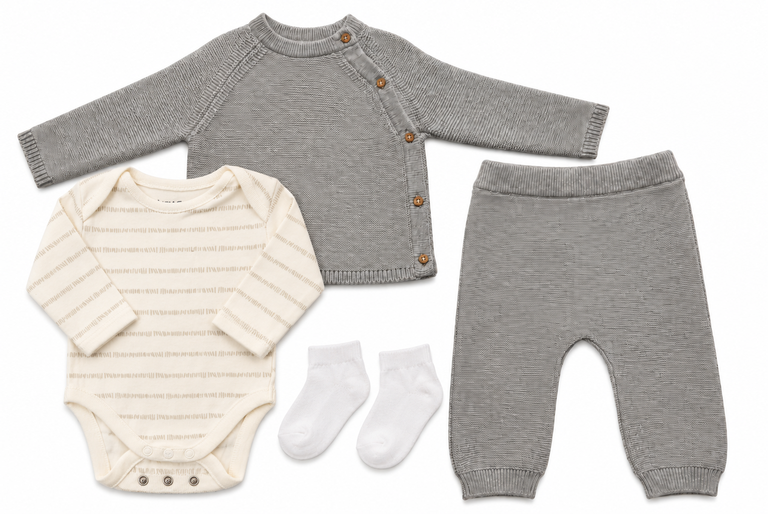 Bubbachubs Newborn Baby Knitted Sweater, Leggings, Cotton Long Sleeve Bodysuit And Sock Gift Set