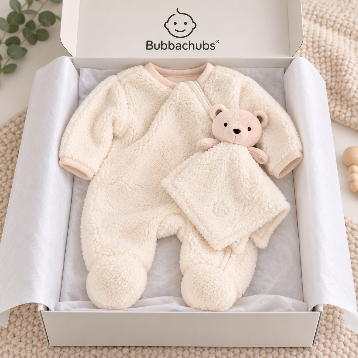 Baby Unisex Borg Pramsuit & Bear Comforter Gift Set (Newborn–6 Months)
