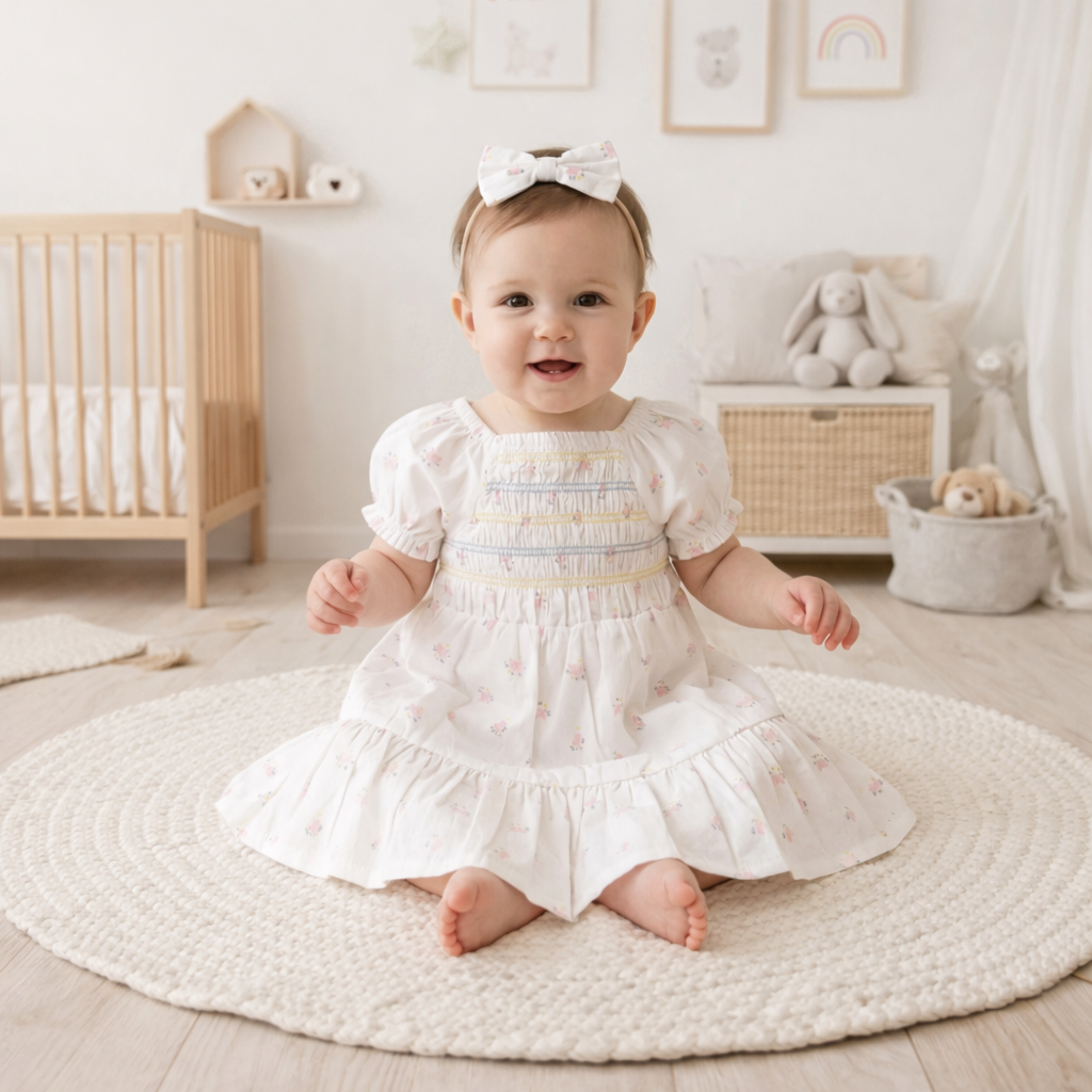Baby Girls Smocked Dress With Headband 12-24 Months