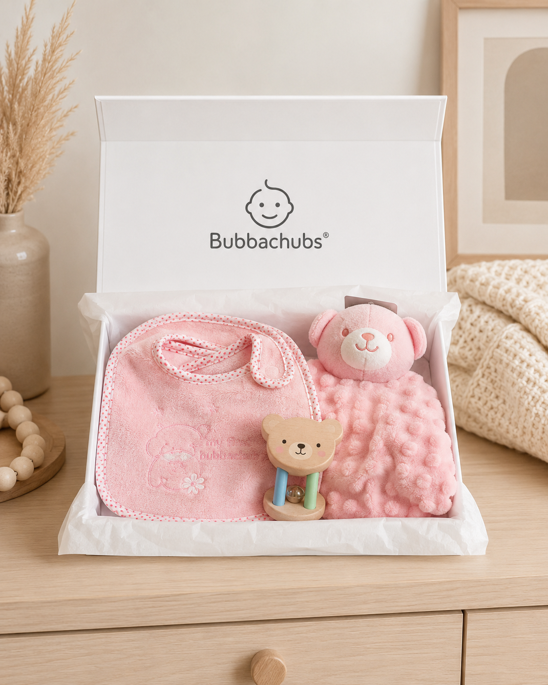 Baby Girl Gift Set with 5 Terry Bibs, Comforter & Baby Rattle