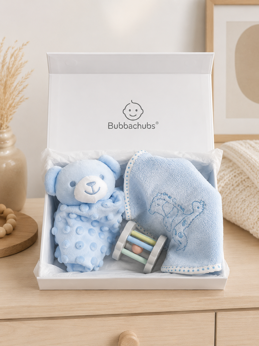 Baby Boy Gift Set with 5 Terry Bibs, Comforter & Baby Rattle