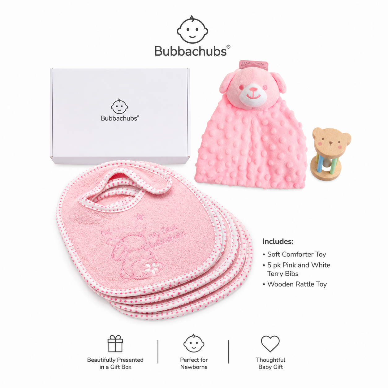 Baby Girl Gift Set with 5 Terry Bibs, Comforter & Baby Rattle