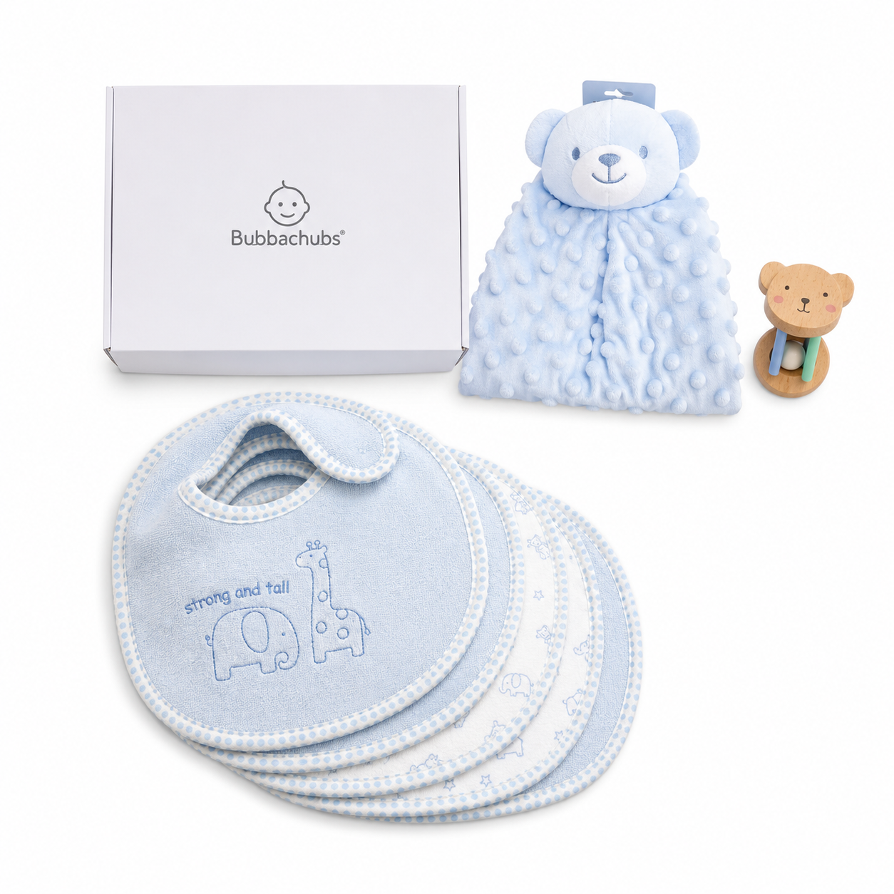 Baby Boy Gift Set with 5 Terry Bibs, Comforter & Baby Rattle