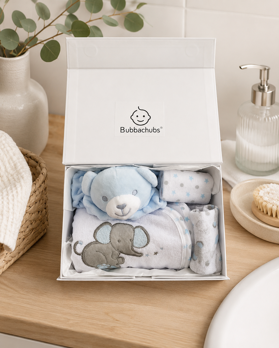 Bubbachubs Baby Boy Hooded Towel Gift Set with Comforter & 4 Washcloths