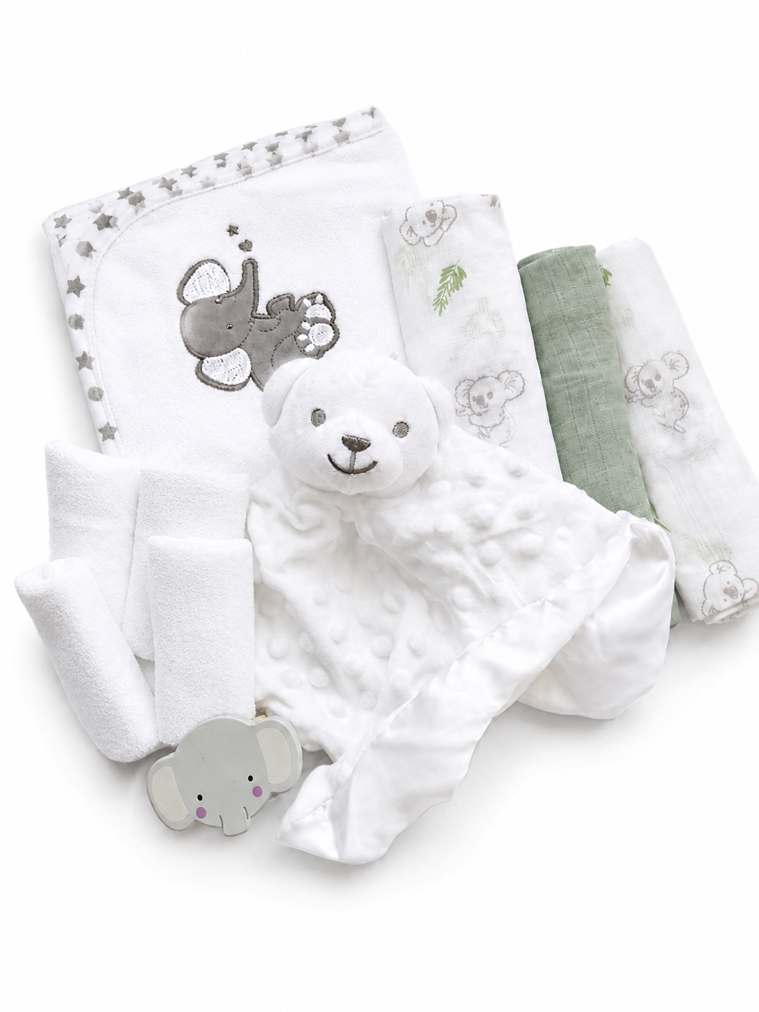 Bubbachubs Unisex New Arrival Baby Gift Set with Hooded Towel, Muslin Cloths, Comforter & Rattle