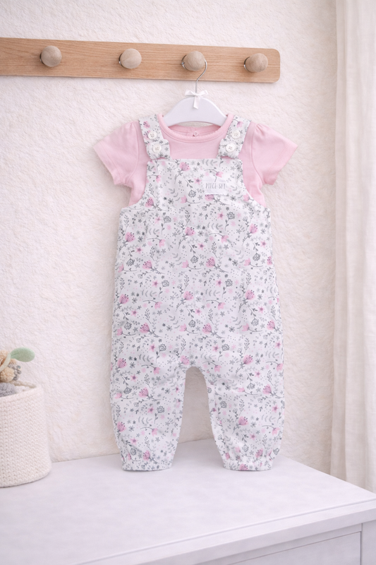Baby Girl's Floral Dungaree & bodysuit Outfit 6-9 Months