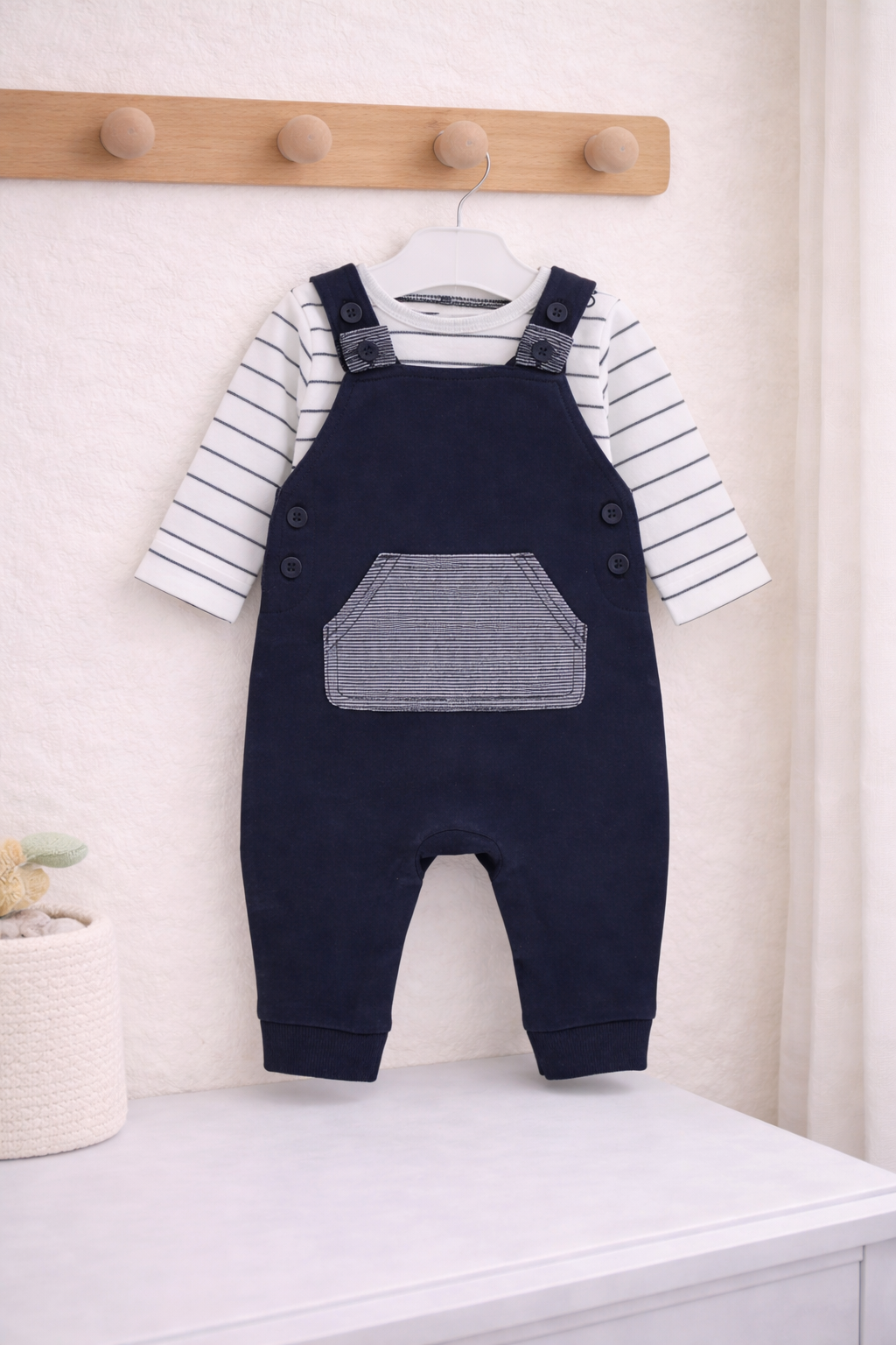 Baby Boys Navy Dungaree & Stripe Bodysuit Outfit 0-18 Months