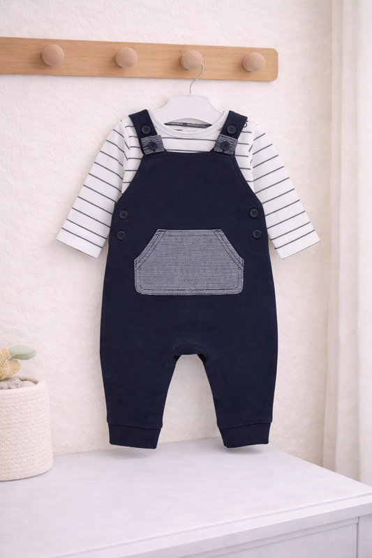 Baby Boys Navy Dungaree & Stripe Bodysuit Outfit 0-18 Months
