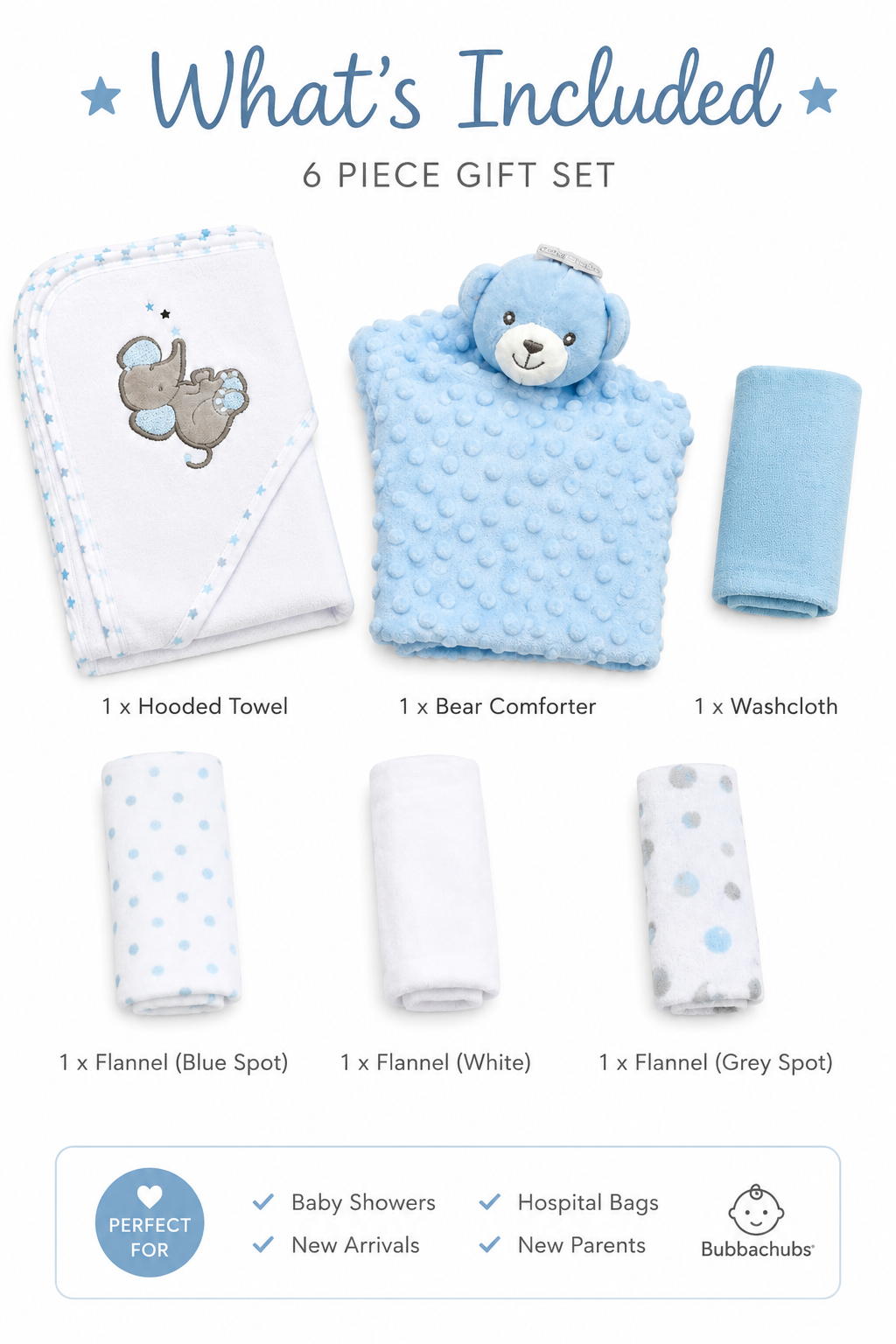 Bubbachubs Baby Boy Hooded Towel Gift Set with Comforter & 4 Washcloths