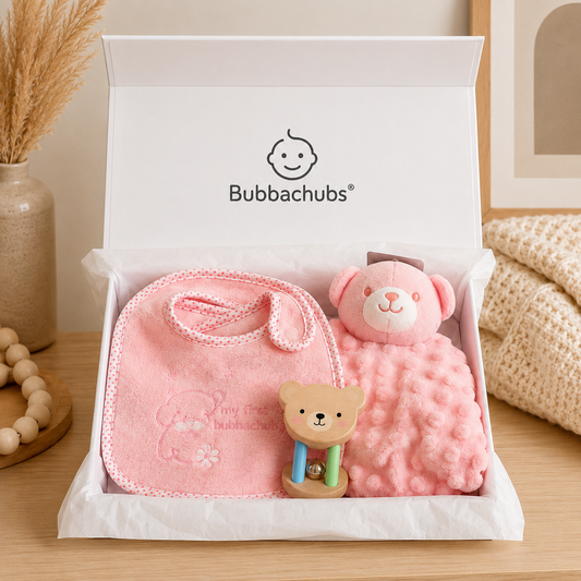 Baby Girl Gift Set with 5 Terry Bibs, Comforter & Baby Rattle