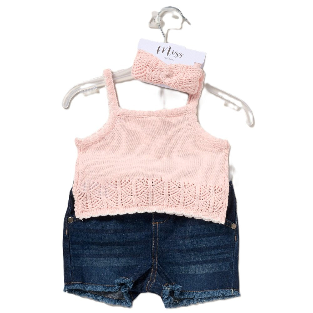 Girls Knit Top, Denim Shorts & Headband Outfit 2-4 Years