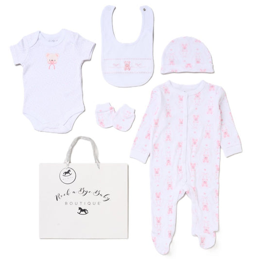 Baby Girls Teddy 5 Piece Set With Gift Bag Newborn - 6 Months