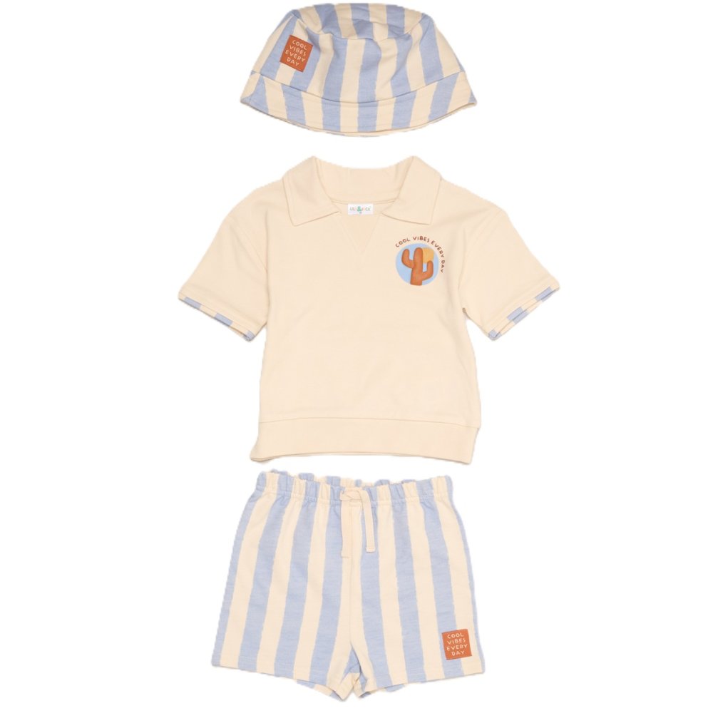 Boys Summer Polo Top, Shorts & Bucket Hat Outfit 2-4 Years