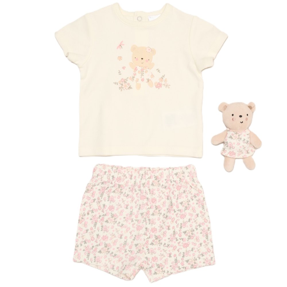 Baby Girls Floral Bear T-Shirt, Shorts & Plush Toy Set 0-9 Months