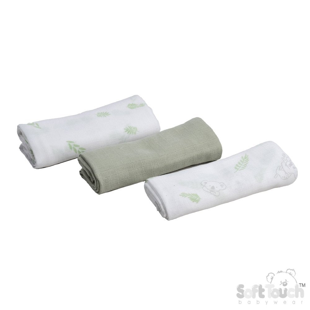 Sage Green 3 Pack Of Muslin Squares In A Gift Bag