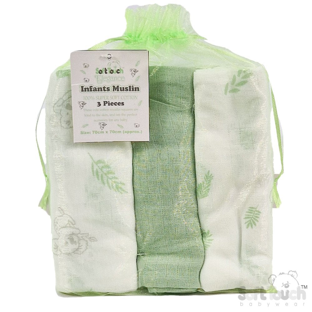 Sage Green 3 Pack Of Muslin Squares In A Gift Bag