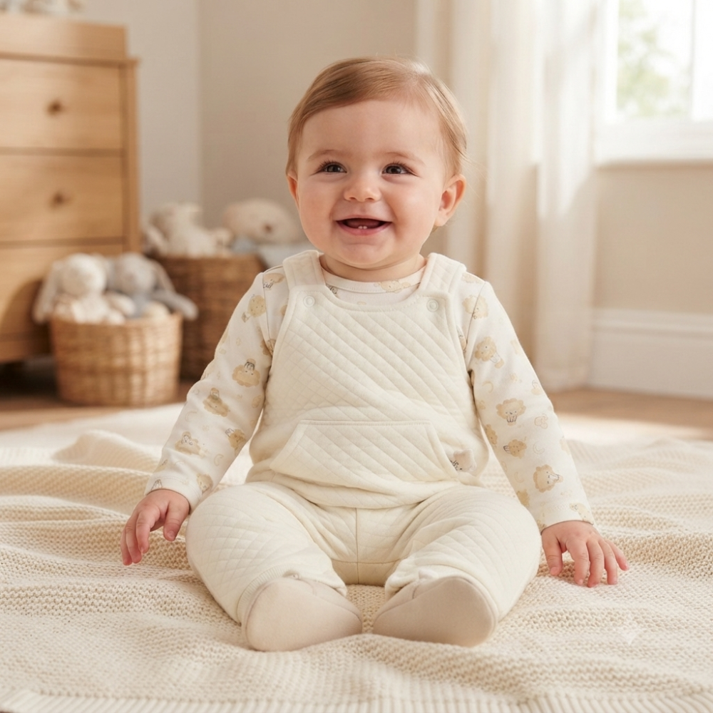 Baby Unisex Dungaree Gift Set with Bear Rattle 0–9 Months