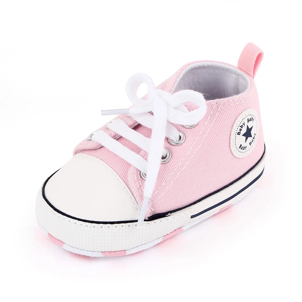 Baby High Top Canvas Shoes – Soft Sole First Walker Trainers (0–18 Months)
