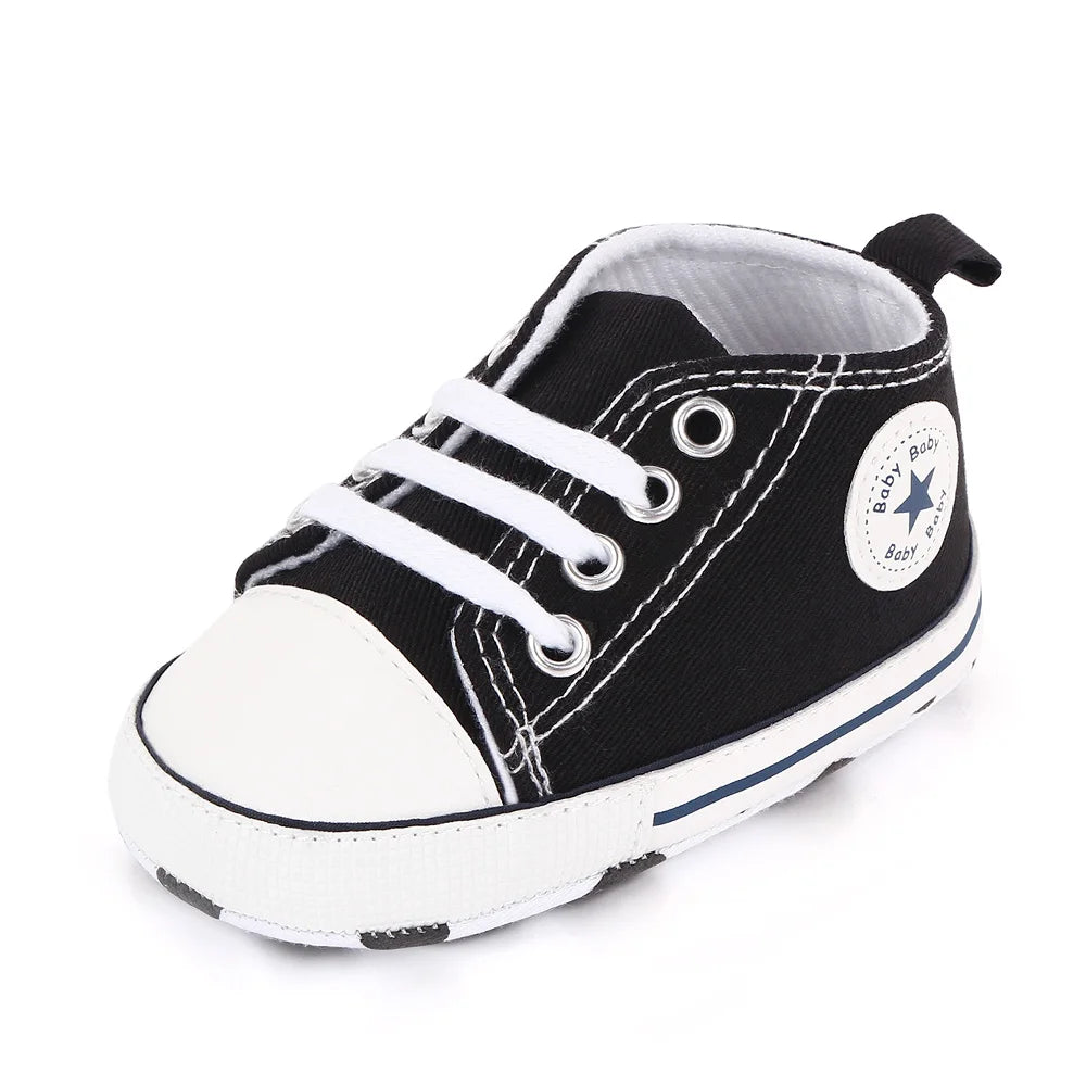 Baby High Top Canvas Shoes – Soft Sole First Walker Trainers (0–18 Months)