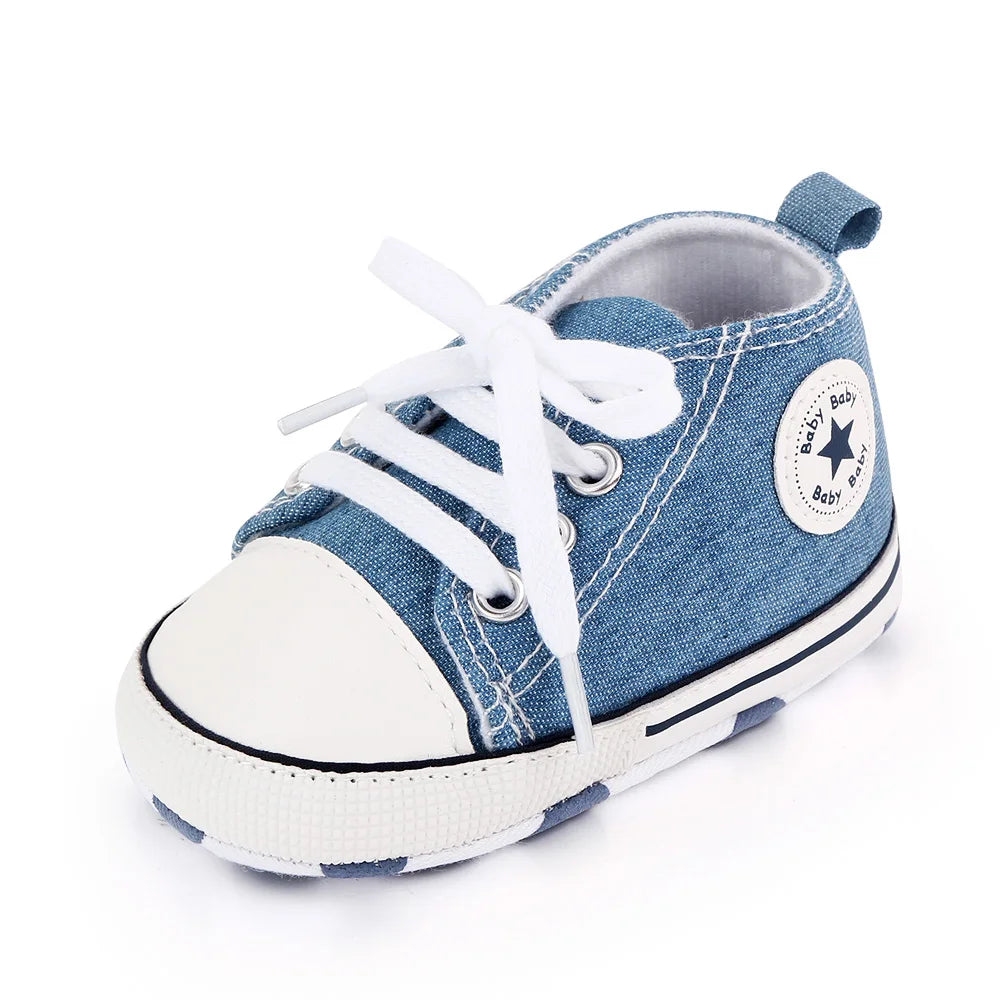 Baby High Top Canvas Shoes – Soft Sole First Walker Trainers (0–18 Months)