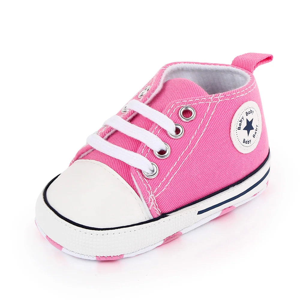 Baby High Top Canvas Shoes – Soft Sole First Walker Trainers (0–18 Months)
