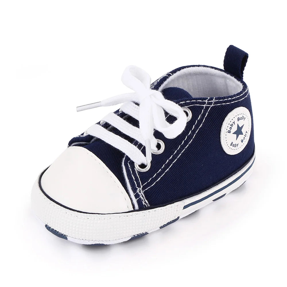 Baby High Top Canvas Shoes – Soft Sole First Walker Trainers (0–18 Months)